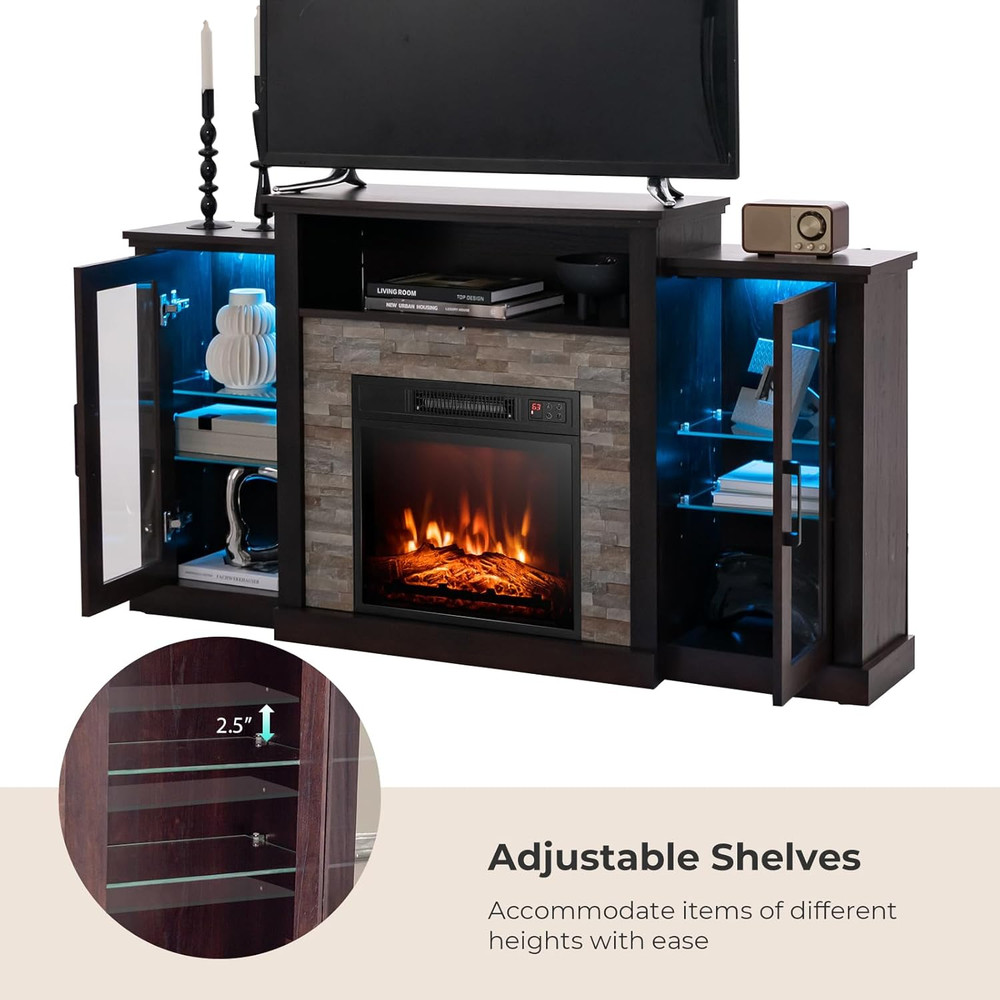 Espresso Electric Fireplace TV Stand with LED Lights & Smart Control Features