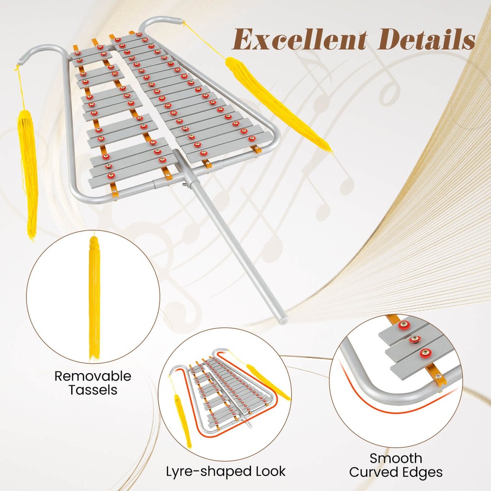 29 Notes Glockenspiel Percussion Kit w/Adjustable Handle, 2 Mallets, Belt Clip