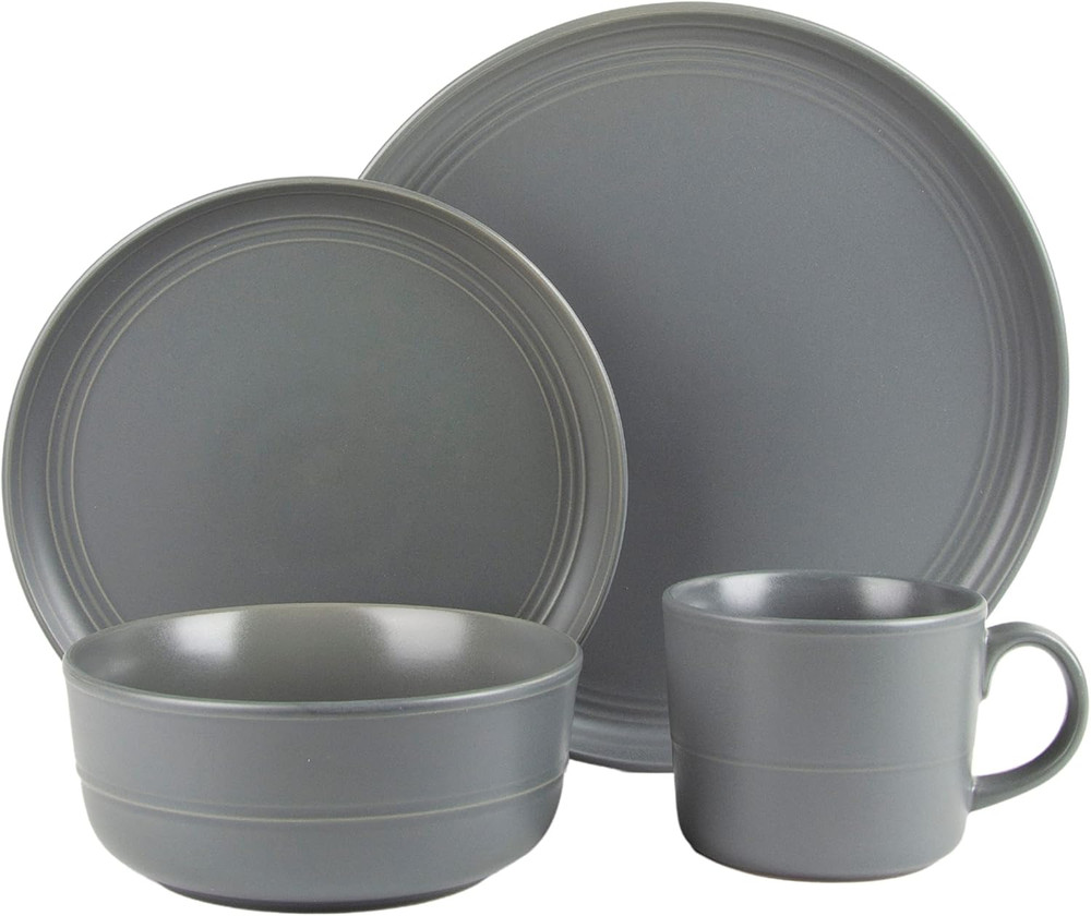 Double Line 16 Piece Dinnerware Set, Matte Gray