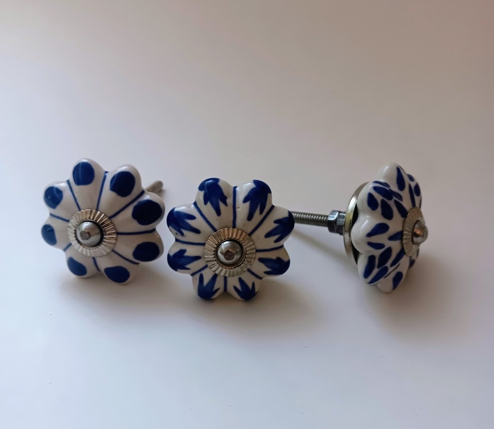 6 Porcelain Ceramic Blue & White Drawer Cabinet Door Knobs Handle Pulls 2"