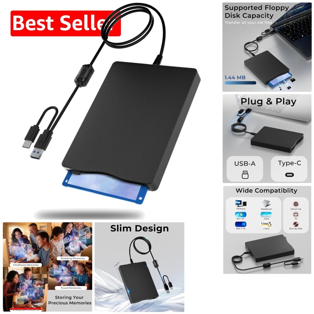 Plug and Play 3.5" USB Floppy Disk Drive - Fast USB 2.0 & Type-C Connectivity