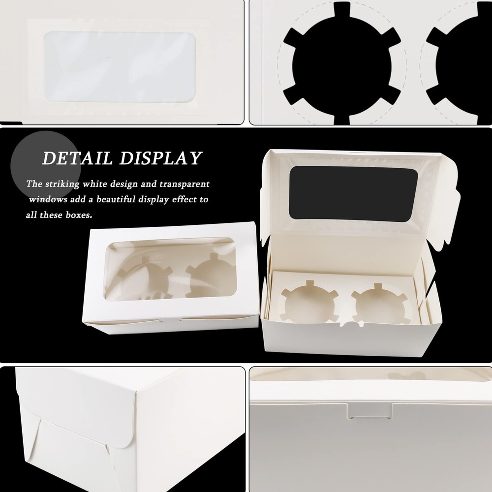 30 Pack White Paper Cupcake Boxes with 2 Cavity Cookie Gift Boxes with Clear ...