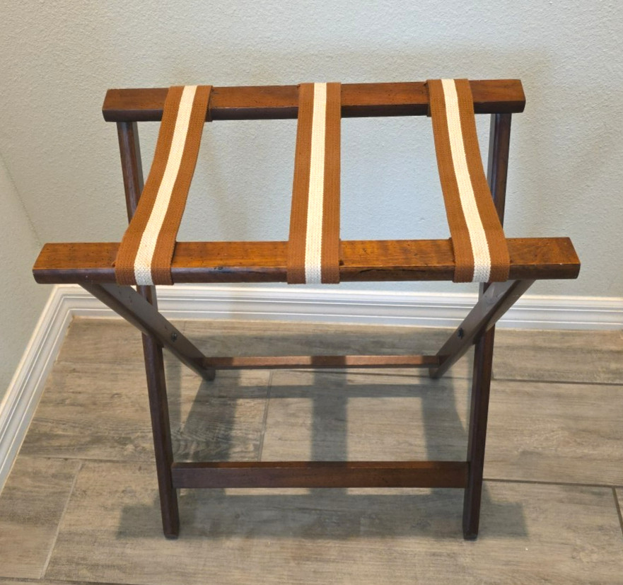 Vtg 1991 BOMBAY Folding Luggage Stand Suitcase Rack Wood Frame Striped Straps