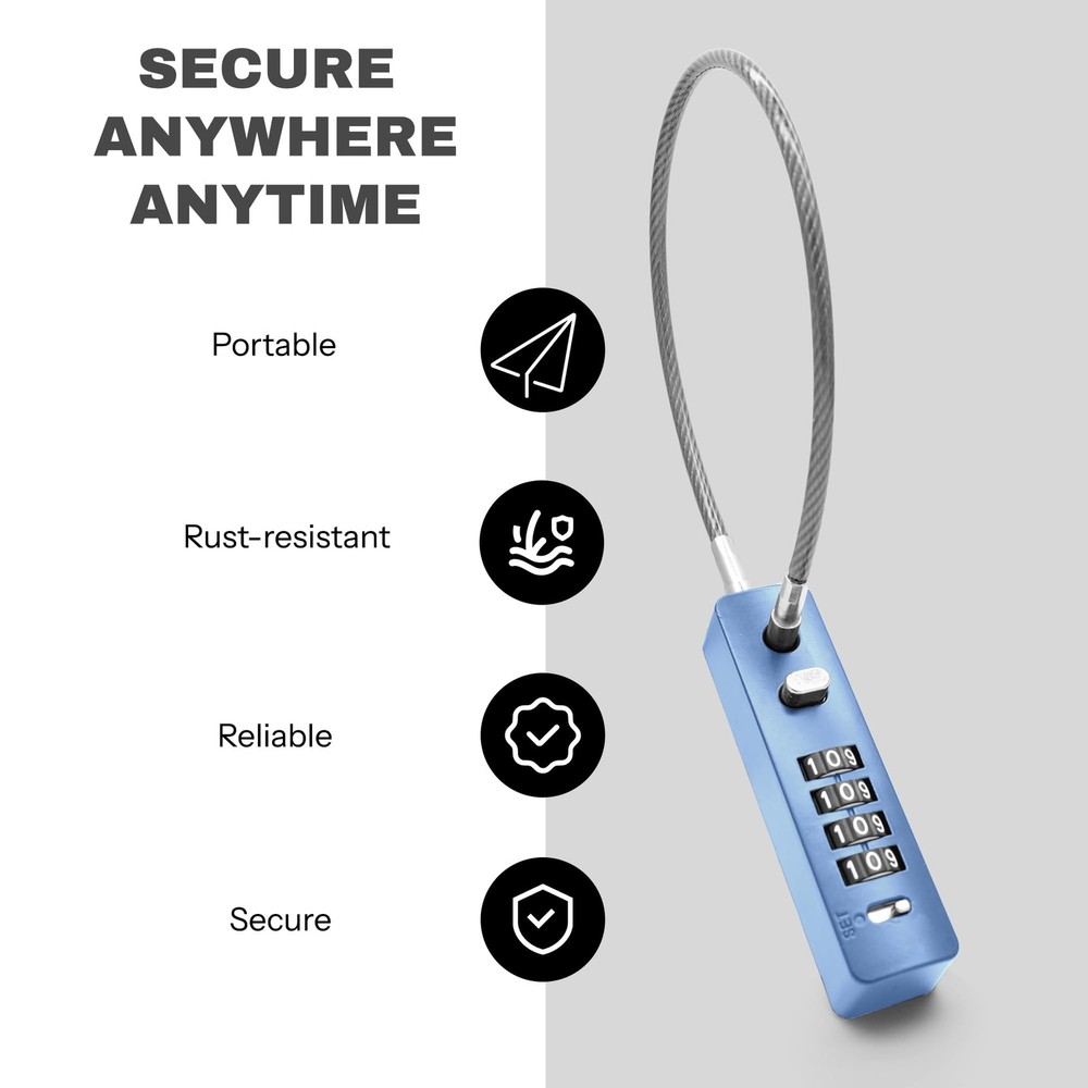 UP Security 4 Digit Combination Cable Lock for Short Cable, Blue, 11.8"(30cm)