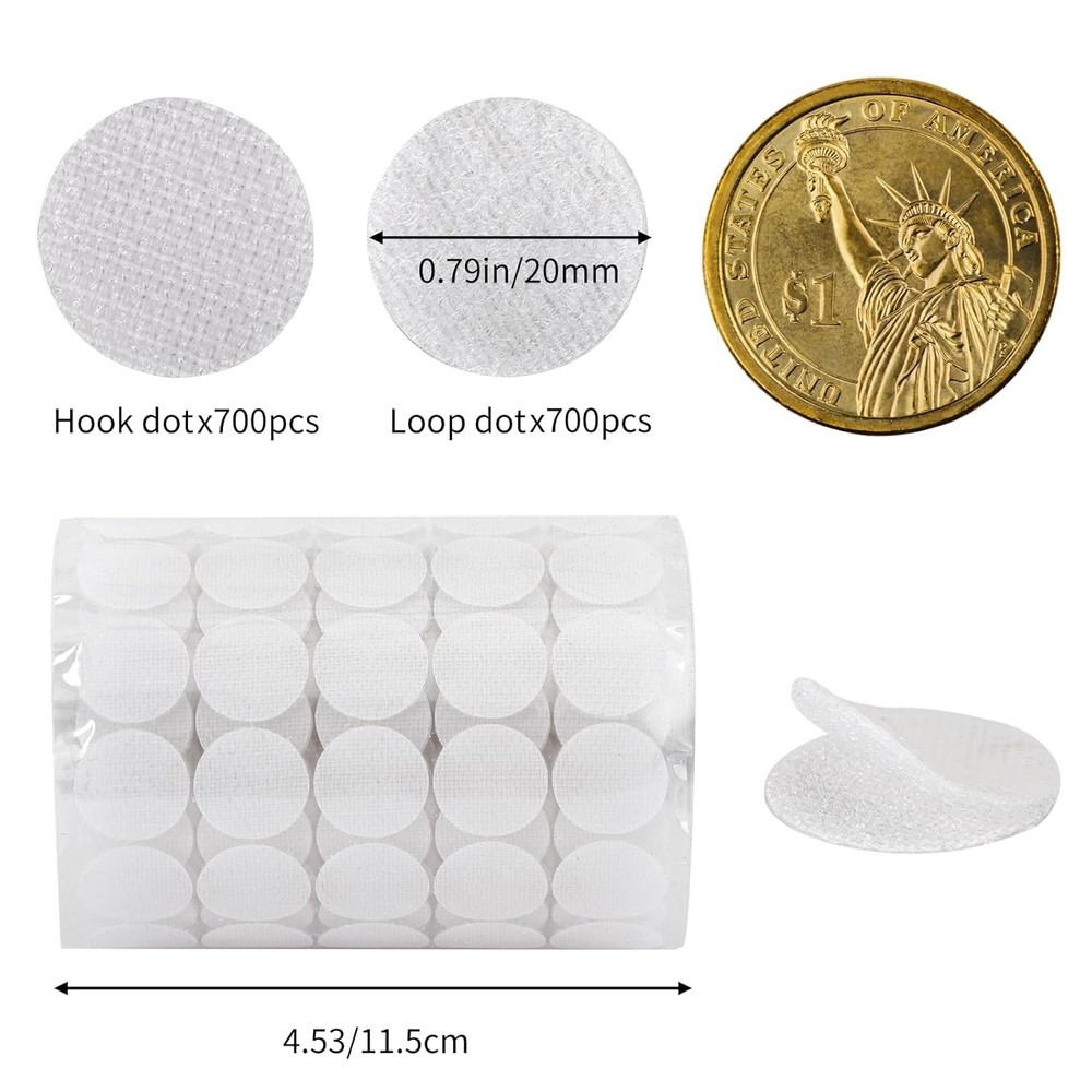 Self Adhesive Dots 1400pcs (700 Pairs) 0.79" Diameter White Hook & Loop Dots Sti
