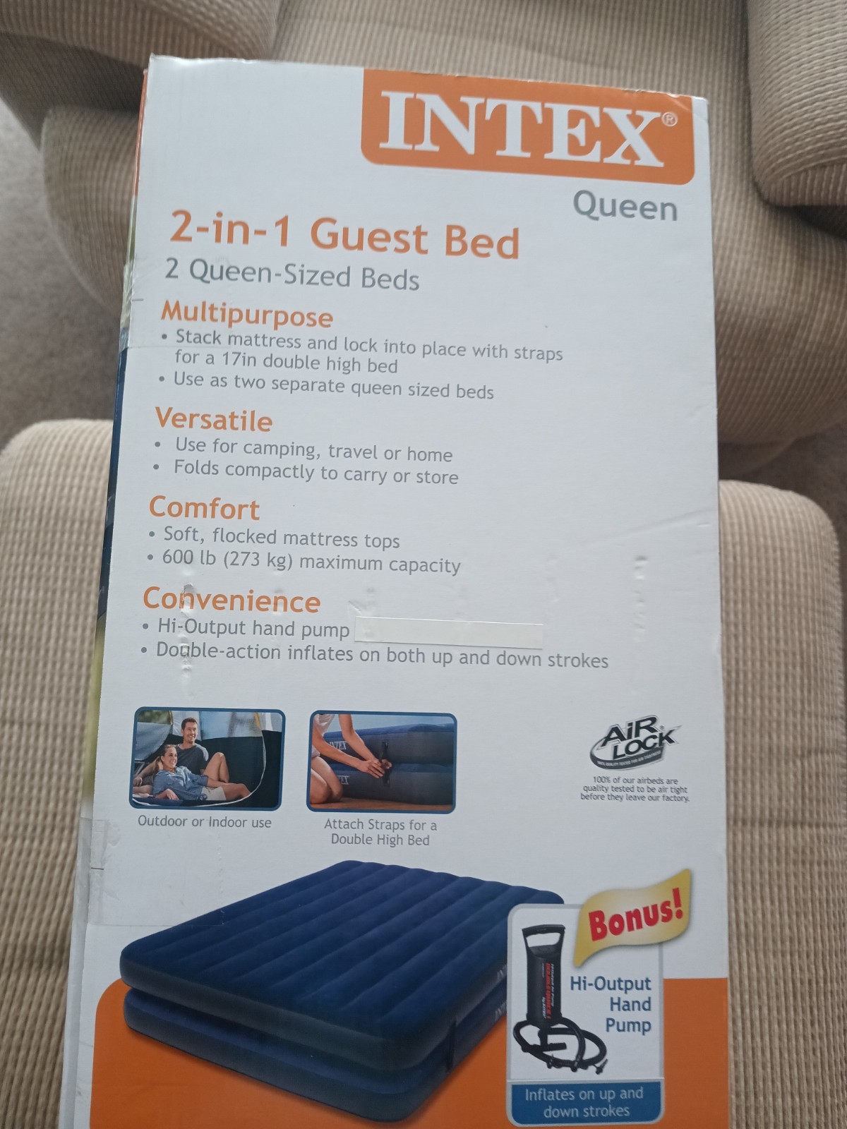 Intex 2 in 1 Guest Bed 2 Queen Sized Air Mattress Beds w/ Hi Output Hand Pump