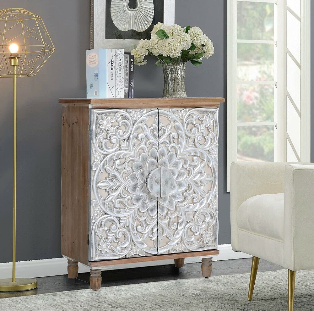 Accent Cabinet with 2 Doors Sideboard Buffet Storage Kitchen Distressed Cabinet