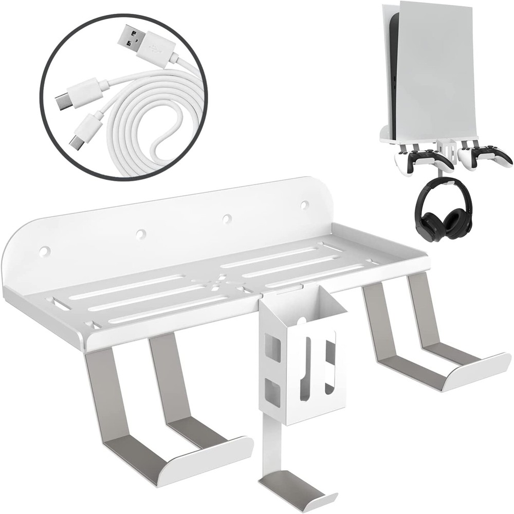 PS5 Metal Wall Mount Holder w/ Controller Headset Hanger Remote Box Charge Cable