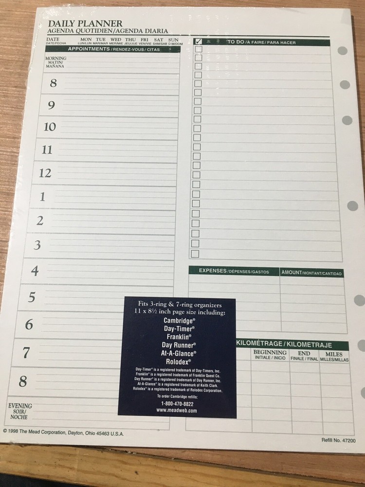 Mead Planner 47200 Refill Undated Daily Planner 30 Sheets Franklin Day Runner