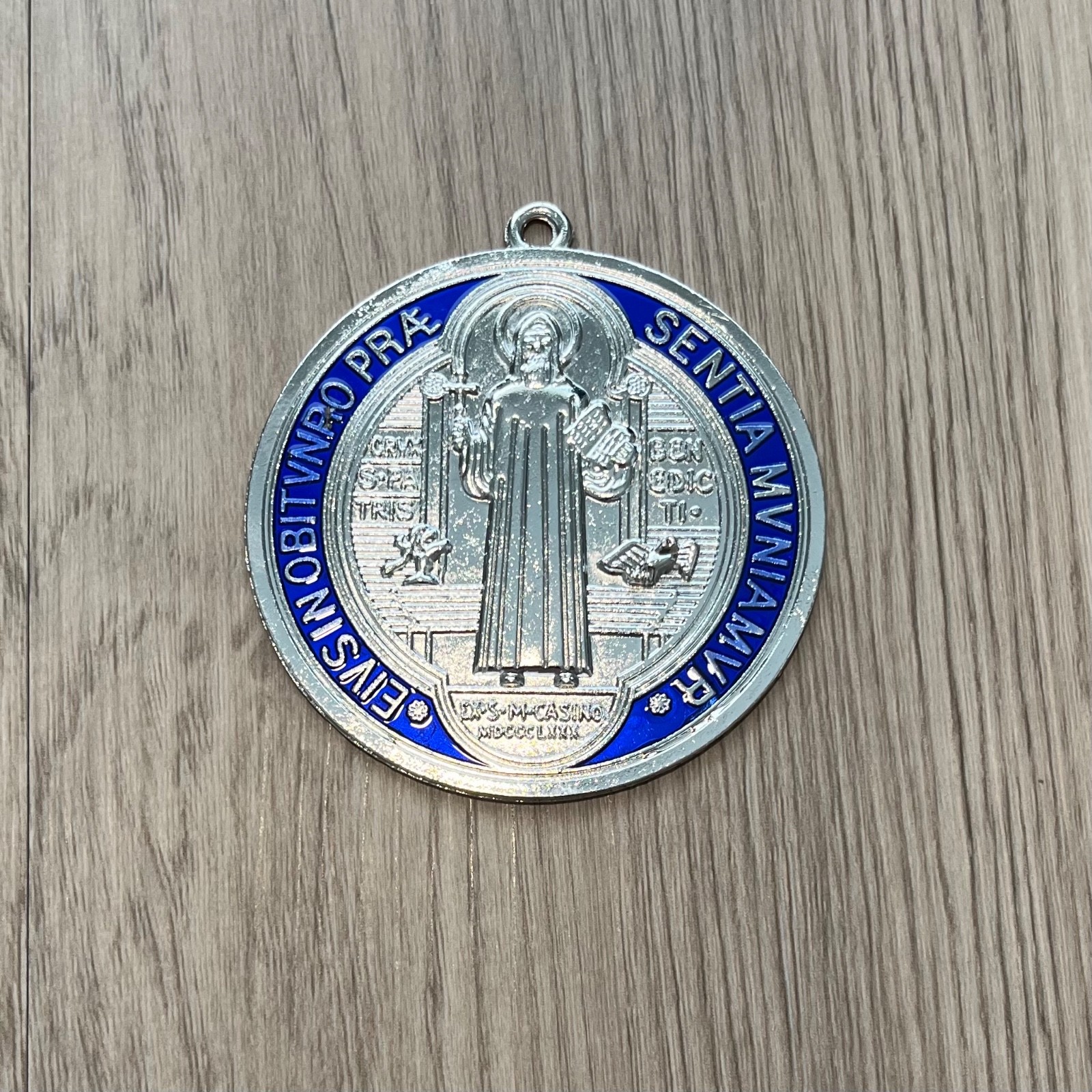 Catholic St Benedict 3” Medal Silver Blue Red Enamel Medalla Medallón San Benito