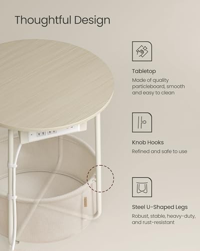LILEA Collection - Side Table with Charging Round Cream White With Basket