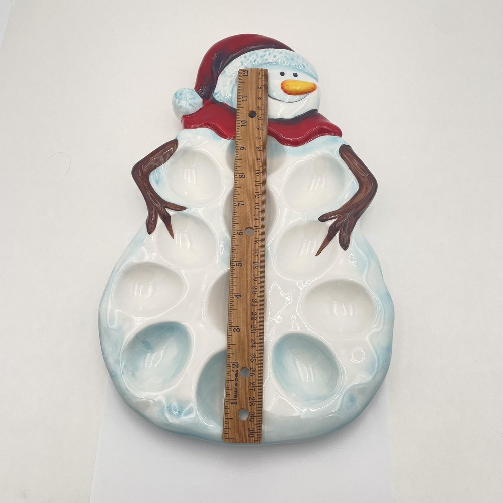 Tabletops Gallery Snowman Deviled Egg Platter Large Ceramic Christmas Multicolor
