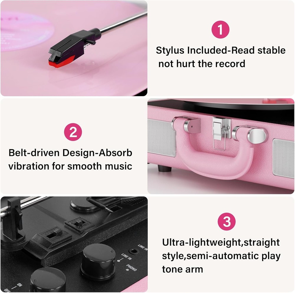Vinyl Record Player 3 Speed Bluetooth Suitcase Portable Belt-Driven Turntable
