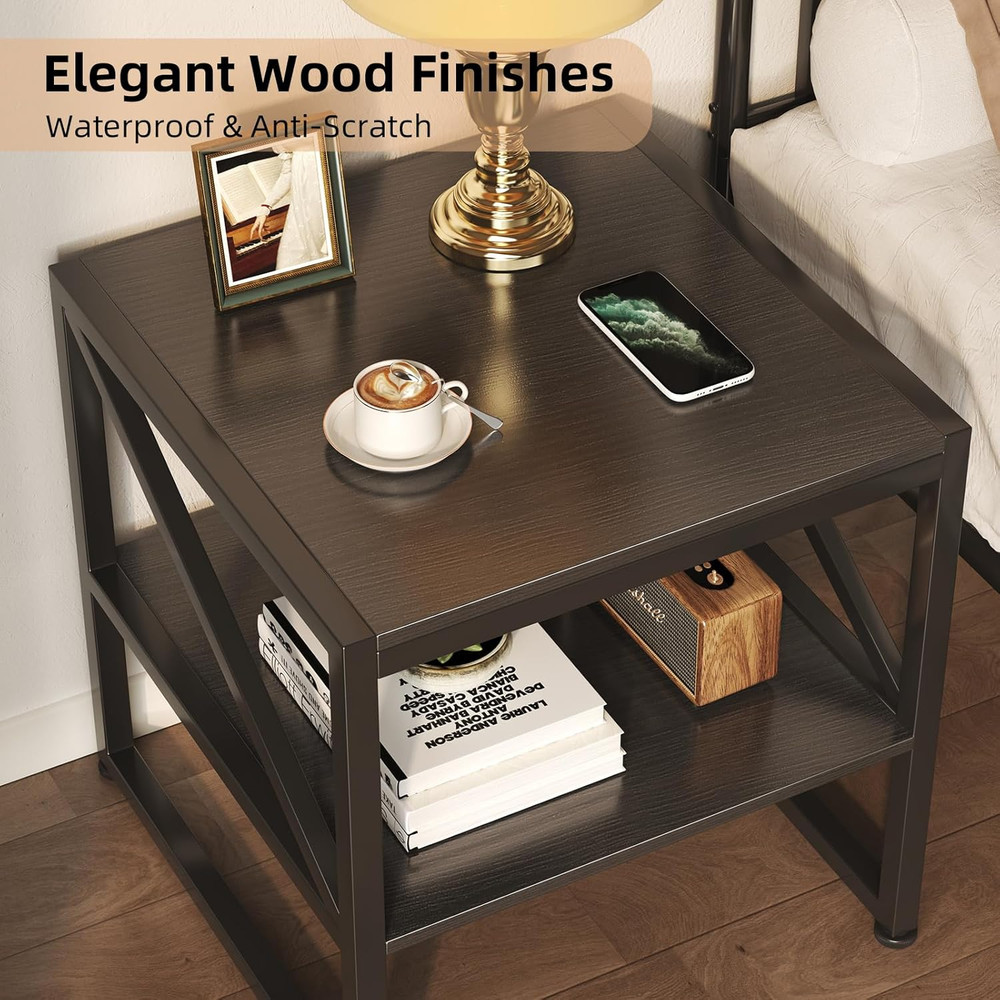 20 Inch Square End Table, Mini Fridge Stand with 2-Tier Storage Shelf, High Load