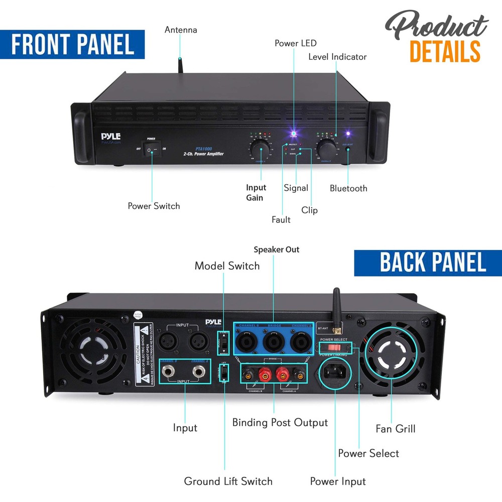 Professional Audio Bluetooth Power Amplifier - 2-Channel Rack Mount Bridgeab...