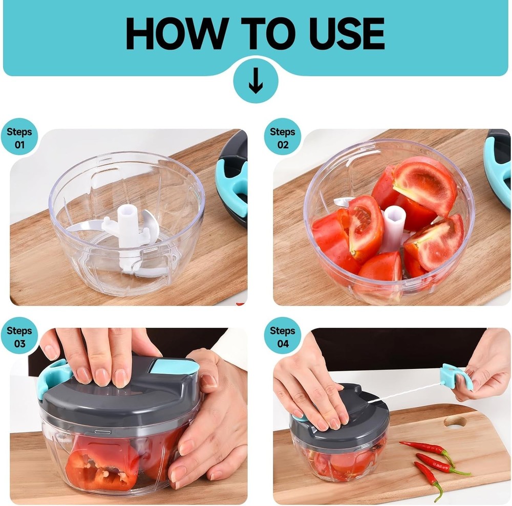 Manual Food Processor Vegetable Chopper, Portable Hand Pull String Garlic Mincer