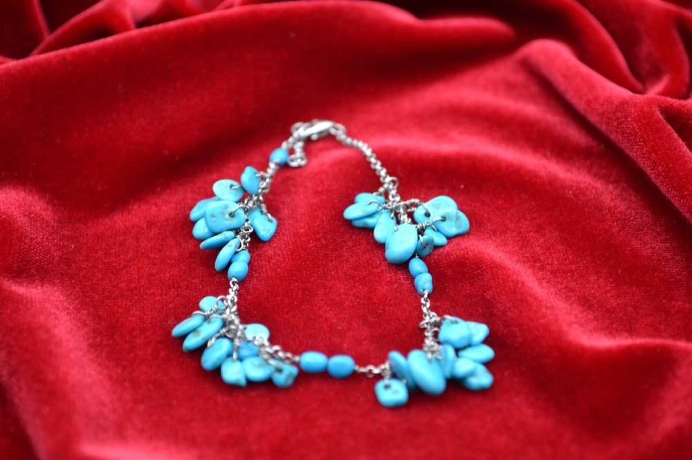 Bracelet Signed GS 925 Dangle Turquoise Stones