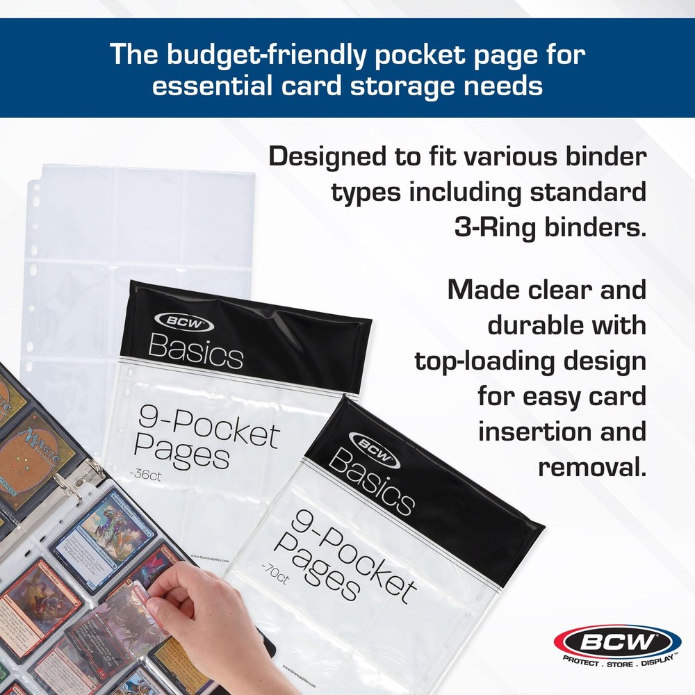 BCW Basics 9-Pocket Pages (70 Pack) | Binder Sheets for Trading & Clear