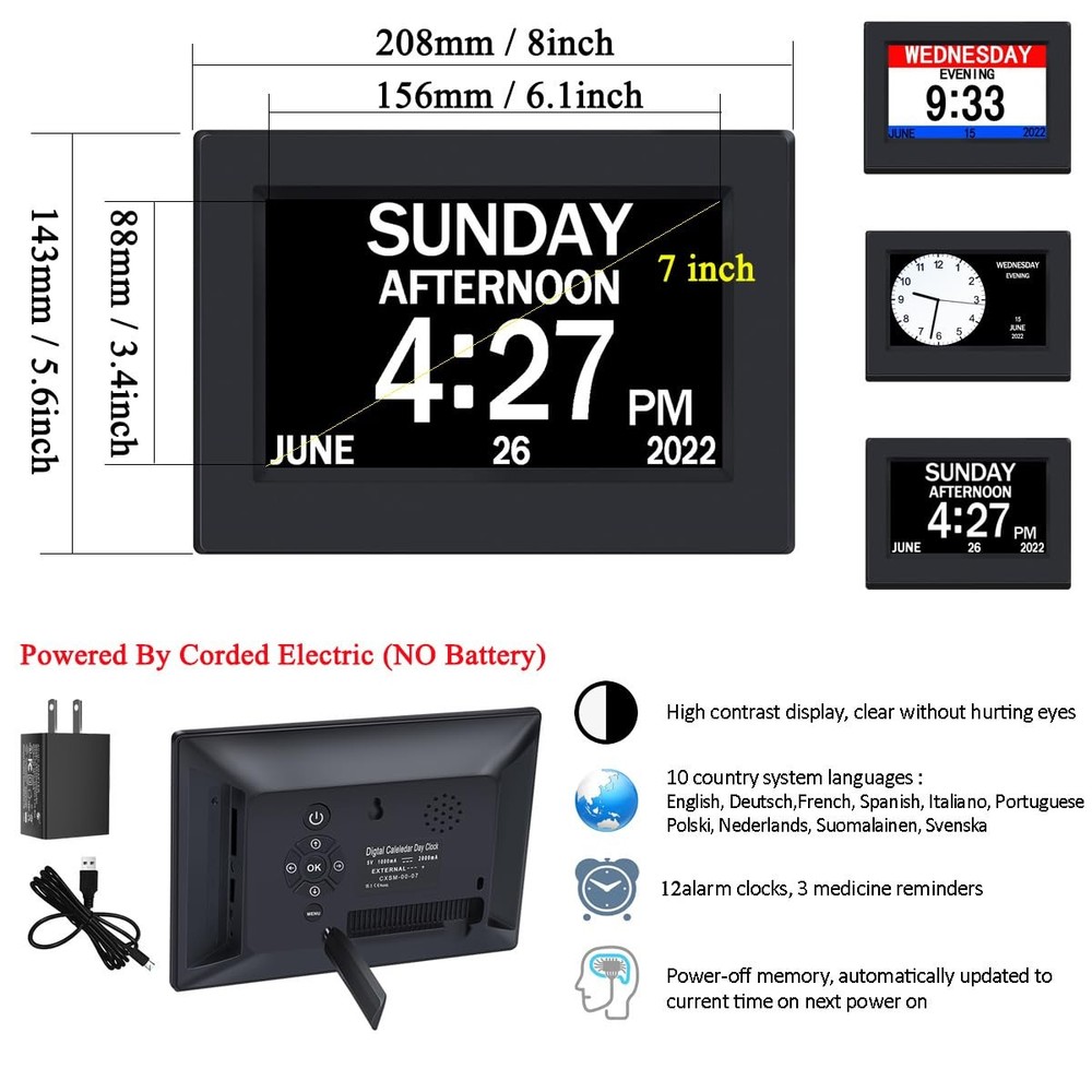 AINFTIME DST Clock with Day and Date for Elderly-3 Display Digital Calendar A...
