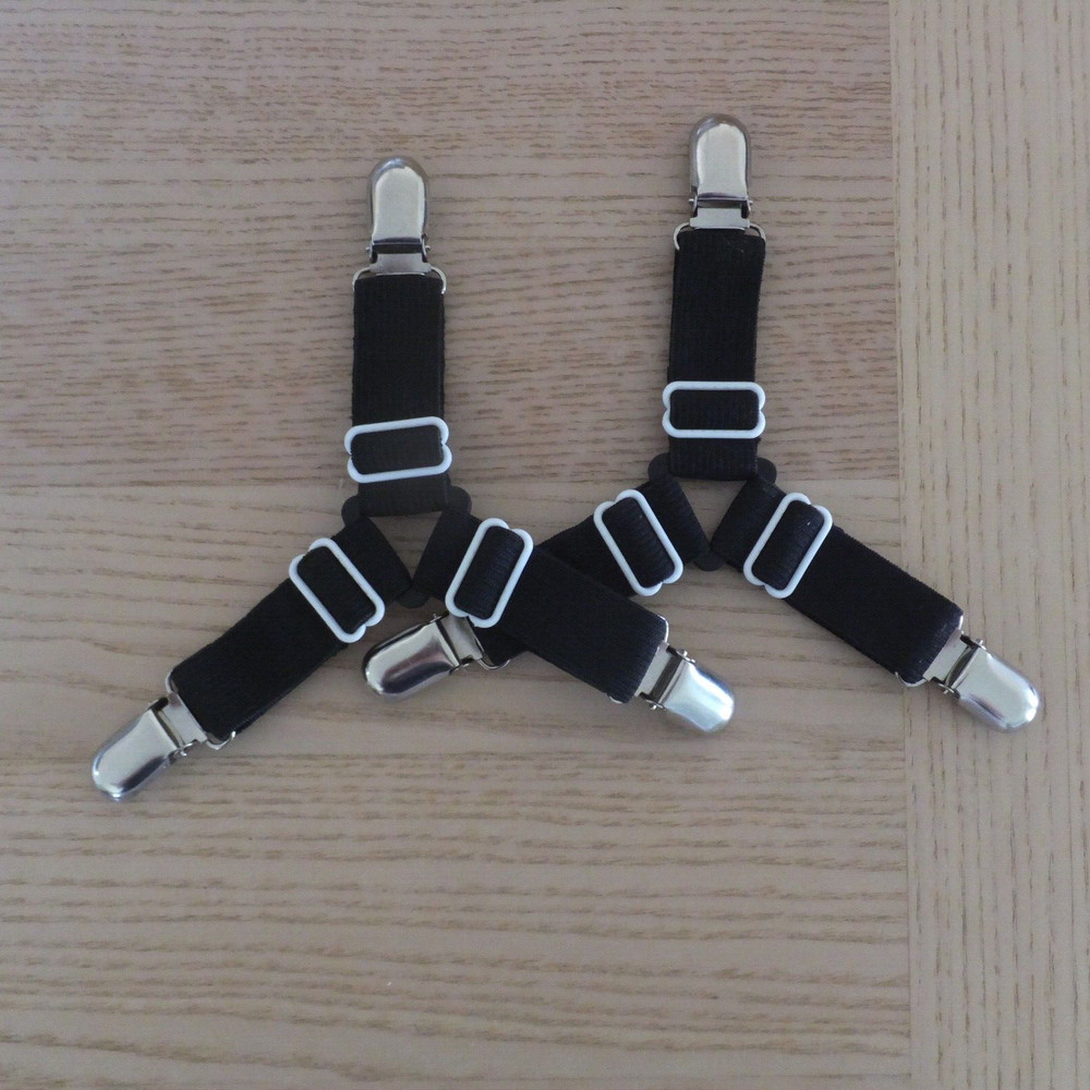 2 Bed Sheet Fasteners, 2 Adjustable Elastic Straps, Black