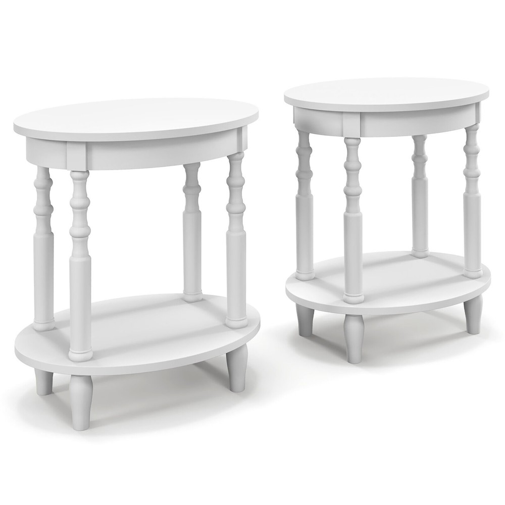2 PCS 2-Tier End Table Oval Compact Sofa Side Nightstand w/ Storage Shelf