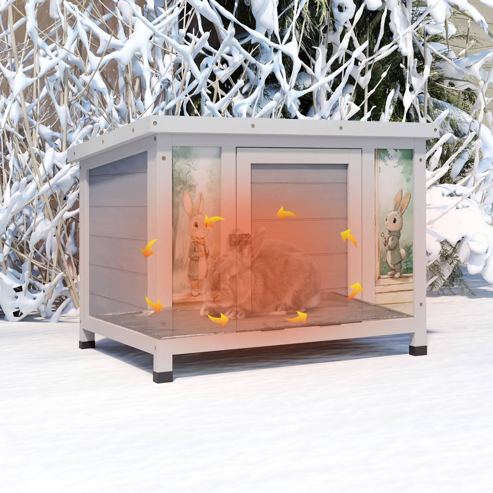 Heated Cat House Outdoor Indoor - 24in Insulated Rabbit Cage w/ Warm Liner