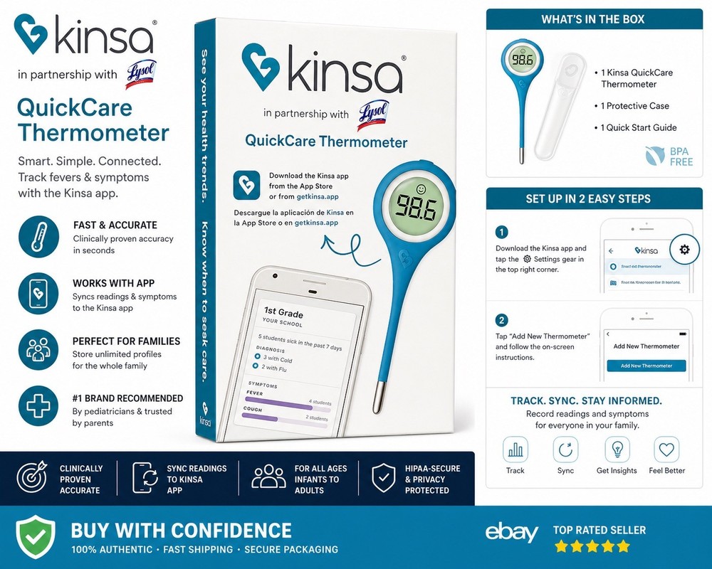 Kinsa QuickCare Bluetooth Thermometer Digital Smart LCD Blue App Connected