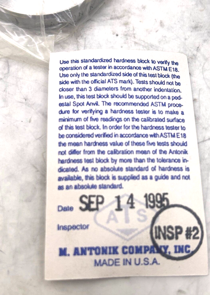 ATS Hardness Test Block Value В-95•5 New/Nos