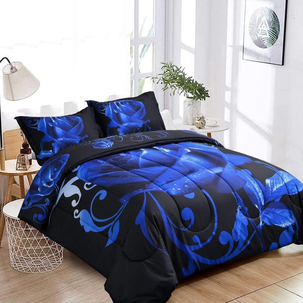Blue Comforter Set King, Reversible Blue Rose Pattern Printed Bedding Comforter