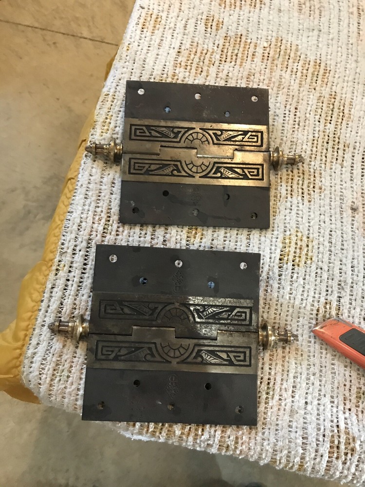 Two antique cast-iron and brass hinge 6”