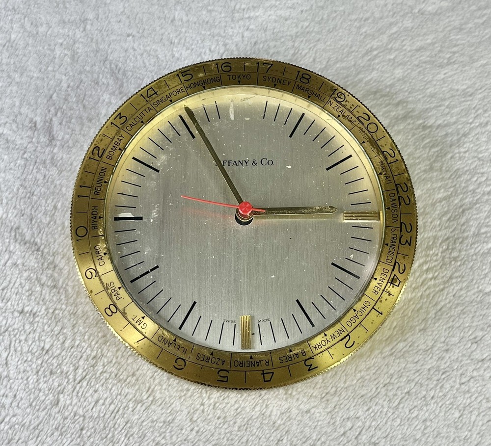 VINTAGE SOLID BRASS TIFFANY & CO. WORLD DESK CLOCK display piece *Untested*