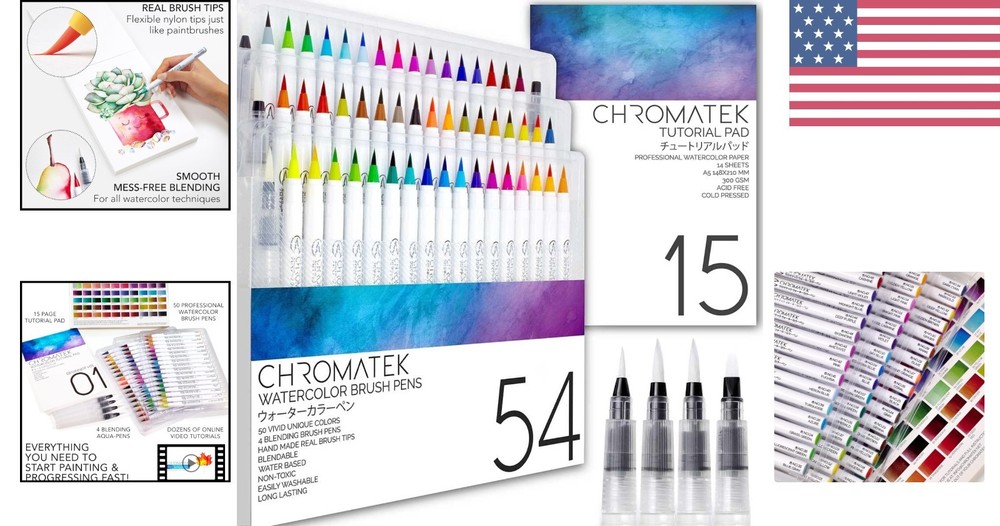 54 Watercolor Pens Set with 15 Pages Pad & Online Tutorials for Mastery