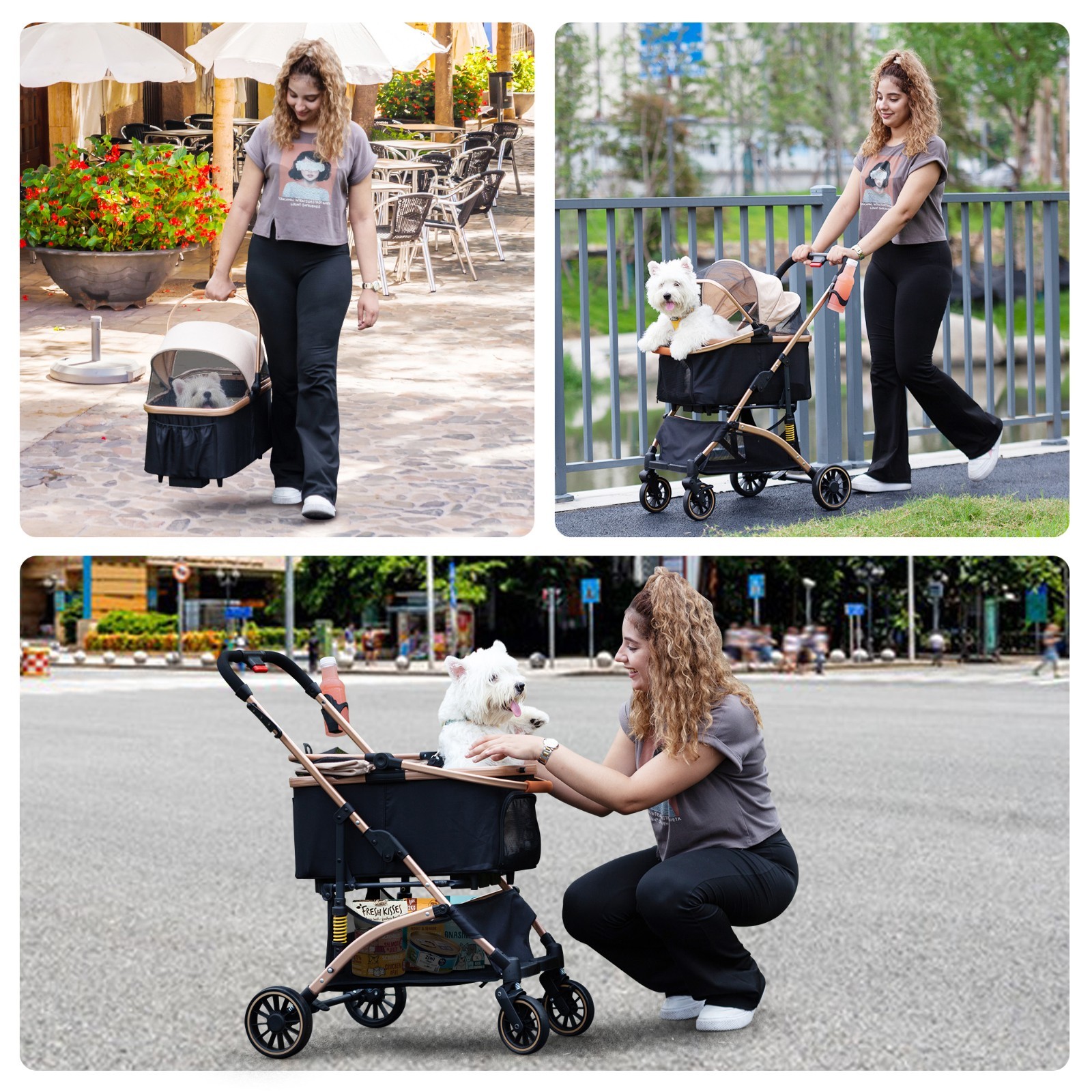 3-in-1 Foldable 4-Wheel Dog Pet Stroller Lightweight with Basket & Cup Holder