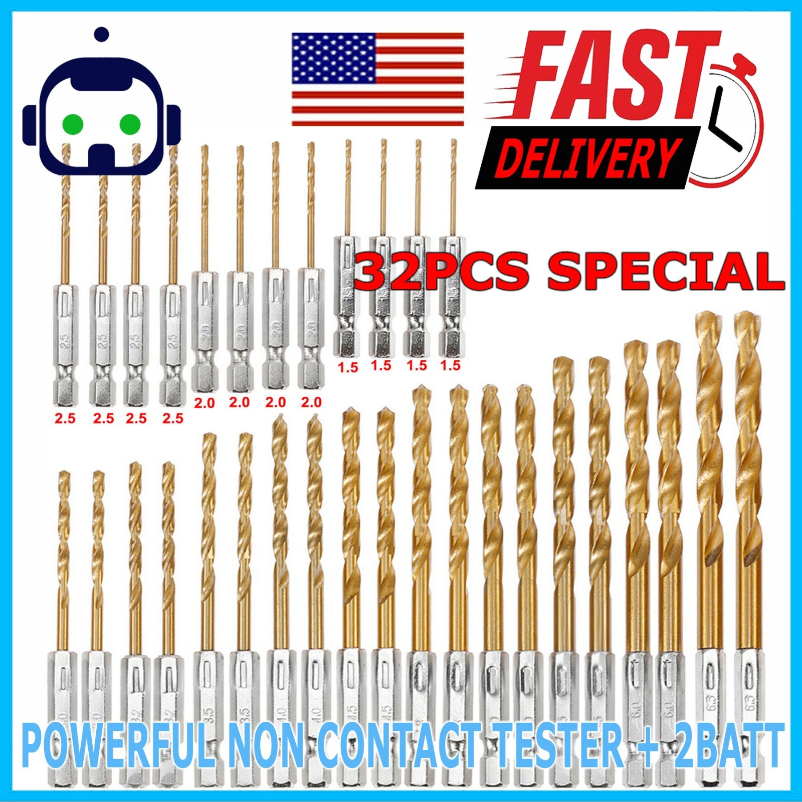 32pc 1/4'' Hex Shank Titanium Coated Steel DRILL BIT Set Metal Wood Quick Change