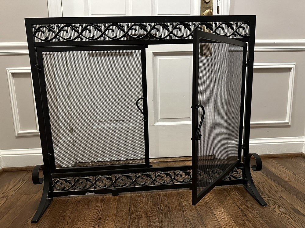 Plow & Hearth Cast Iron Scroll fireplace screen Log Rack & Tool Set Black Finish