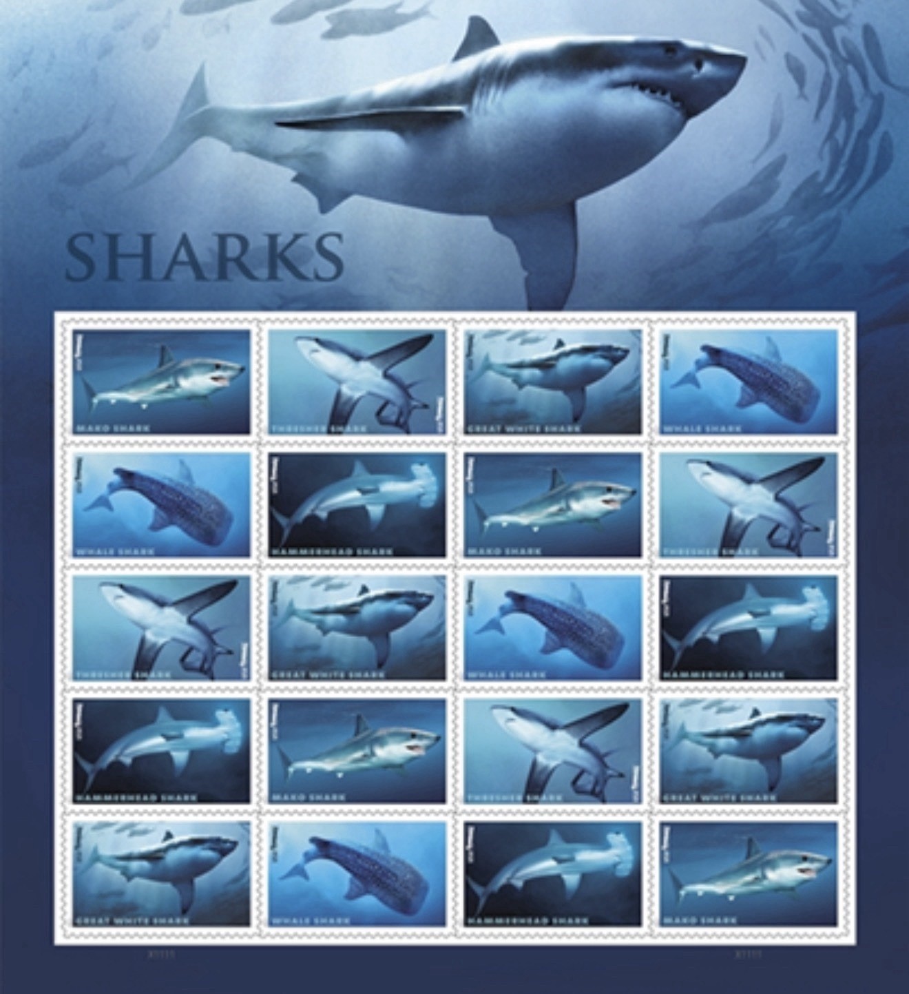 USPS Postage Stamps Sheet of 20 -  Sharks - First Class Letter