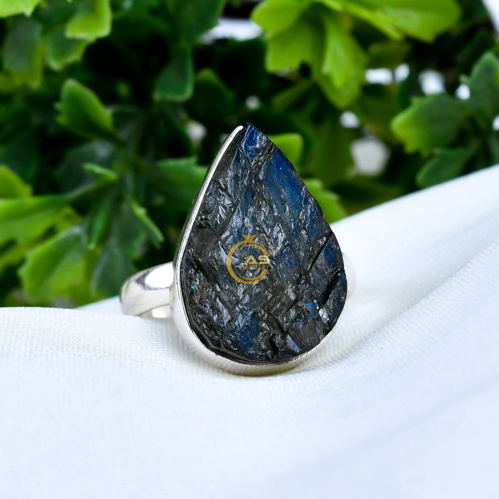 Natural Raw Labradorite Ring Blue Labradorite 925 Sterling Silver Statement Ring