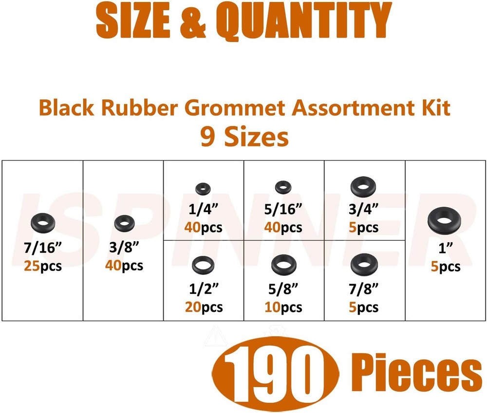 ISPINNER 190pcs Rubber Grommet Assortment Kit, 9 Sizes Eyelet Ring Black