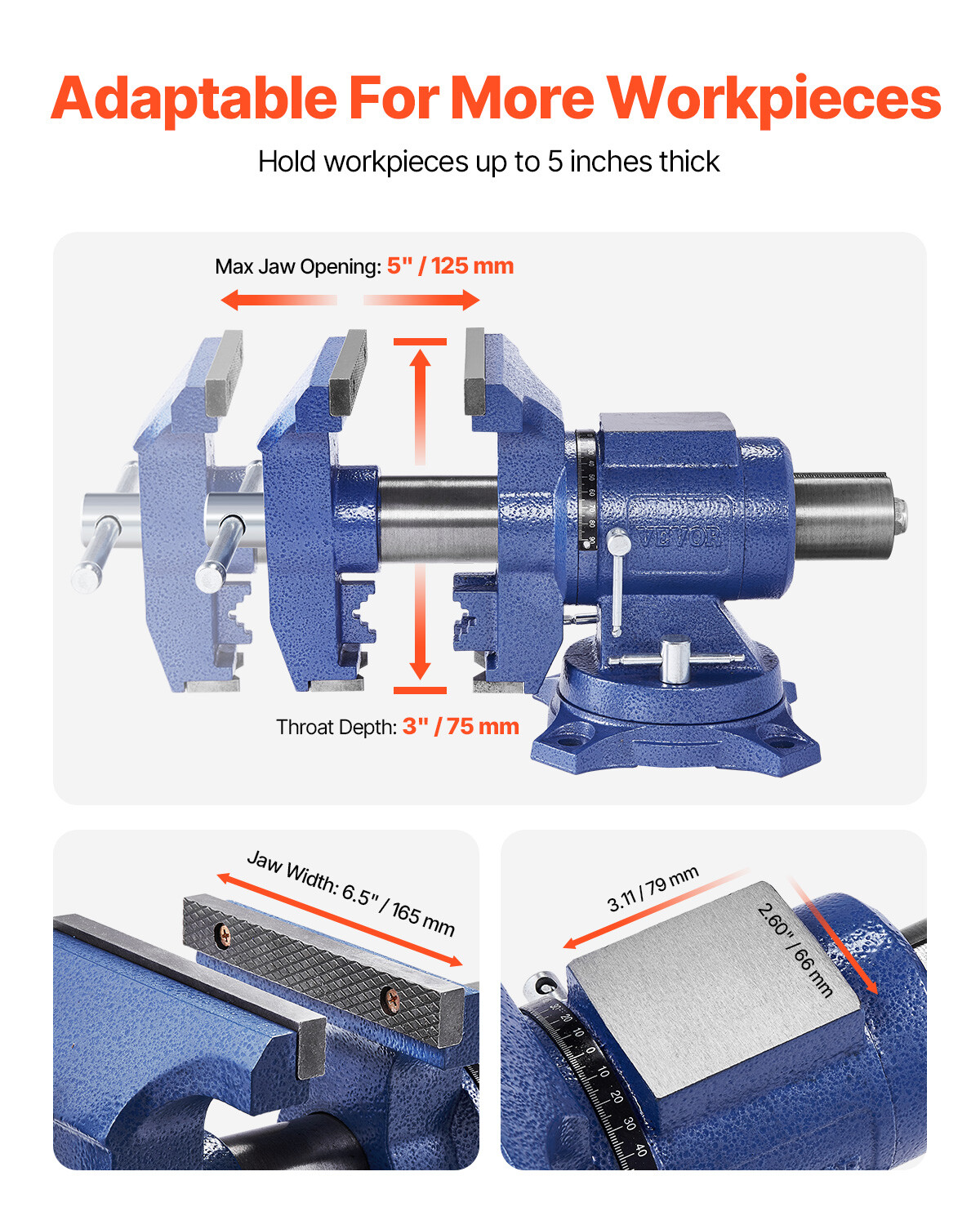 6-1/2" Multi-Purpose Bench Vise Heavy Duty Ductile Iron 360° Swivel Base