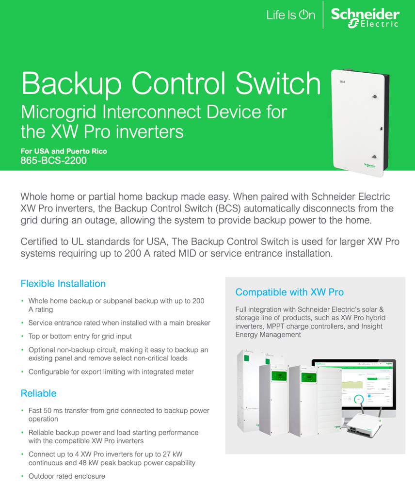 Schneider Electric Backup Control Switch | 865-BCS-2200