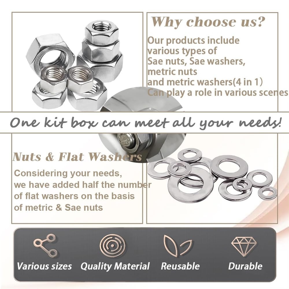 Dianrui 588PCS Metric & SAE Hex Nuts and Washers Assortment Kit, Assorted Nut...