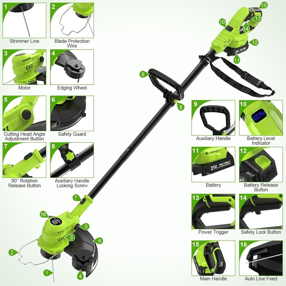 21V Battery Weed Eater & String Trimmer with Wheeled Edger