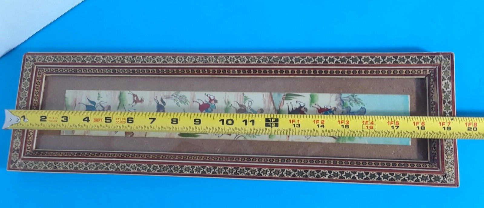 Chinese Scroll Warrior Horses Enamel and Wood Frame 19 3/8 x 5.5