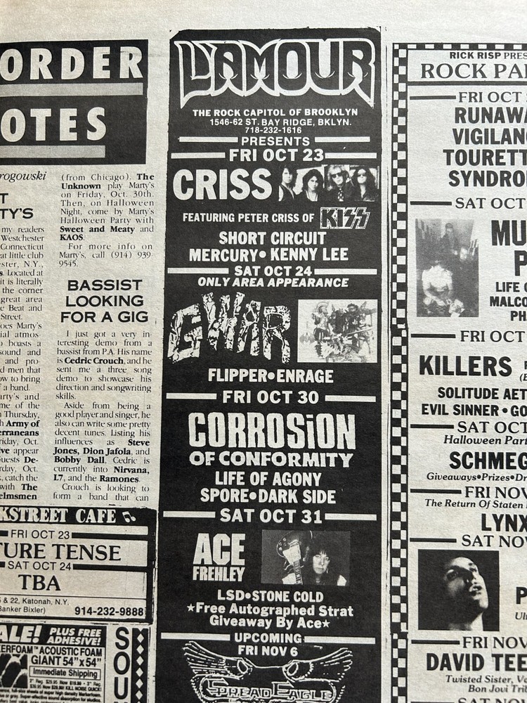 KISS Concert Ad Advert ACE FREHLEY + PETER CRISS L'Amour NY 1992 Vintage Kiss A