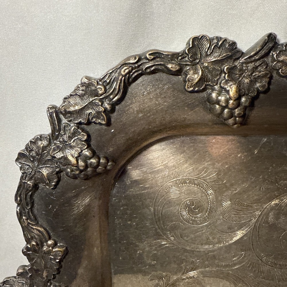 Antique SHEFFIELD Silver On Copper Handled Serving Tray Grapevine Ornate Large
