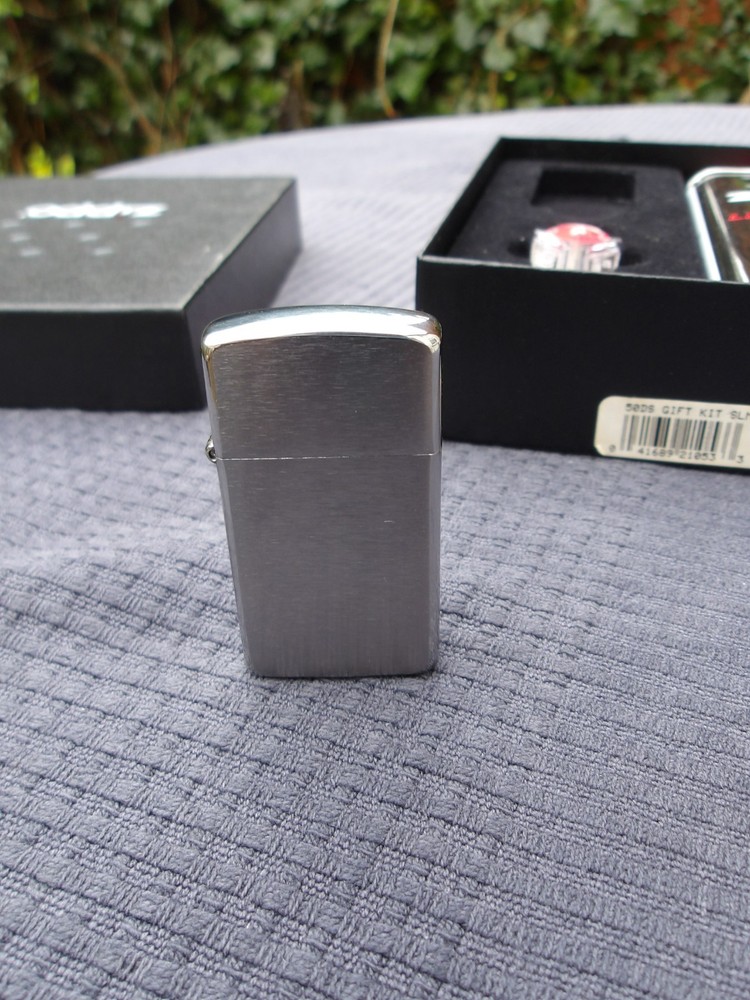 ZIPPO Gift Set Slimline Brushed Chrome Lighter, Fuel & Flints + Presentation Box