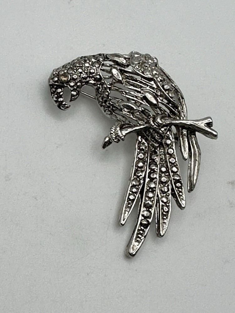 Silver Tone Parrot On Branch Brooch Unmarked