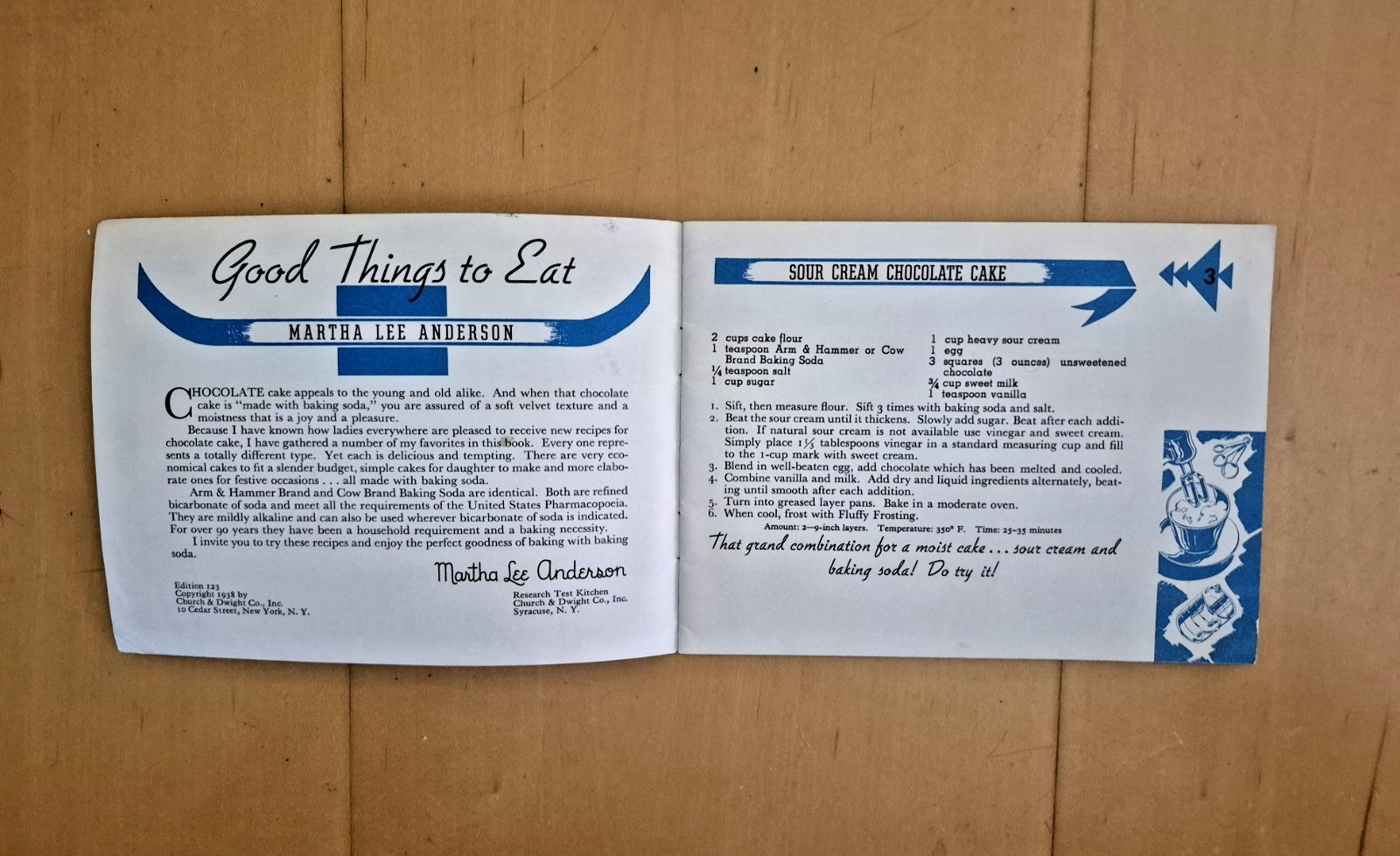 Vintage 1938 GOOD THINGS TO EAT MY FAVORITE CHOCOLATE CAKES - Arm & Hammer RARE