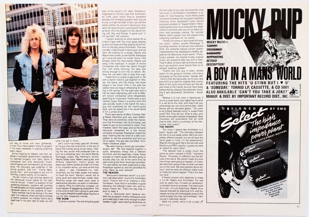 ANNIHILATOR JEFF WATERS INTERVIEW-ORIG 1989 3PG MAGAZINE ARTICLE PINUP CLIPPING