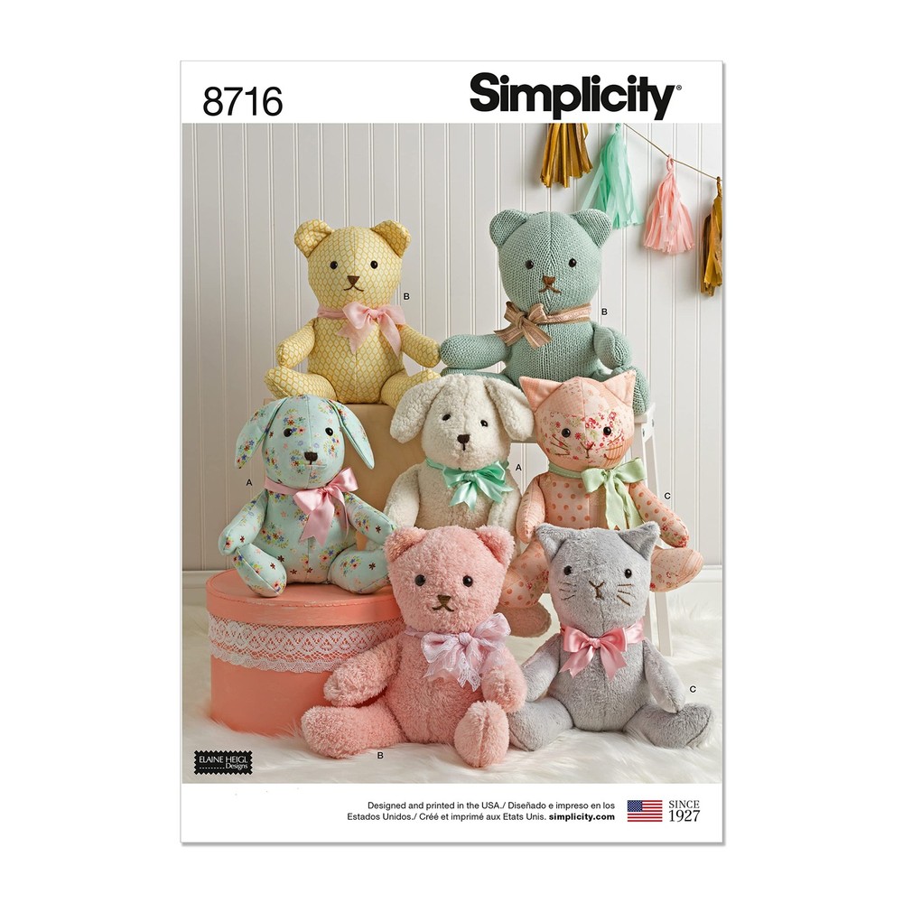 Simplicity 8716 Animals Stuffed Bear, Cat, and Dog One Size Only, Multiple